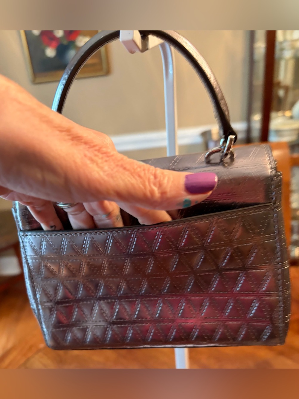 MICHAEL KORS Metallic Gunmetal Quilted Top-Handle Satchel w/CB Metal Chain. - Picture 3 of 7